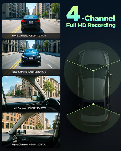 4 Channel Dash Cam Front and Rear inside with 24H Parking Monitor, 360 Degree View 5G Wifi Dash Camera, IR Night Vision Dashcam, G-Sensor, Free 128GB Card & Hardwire Kit