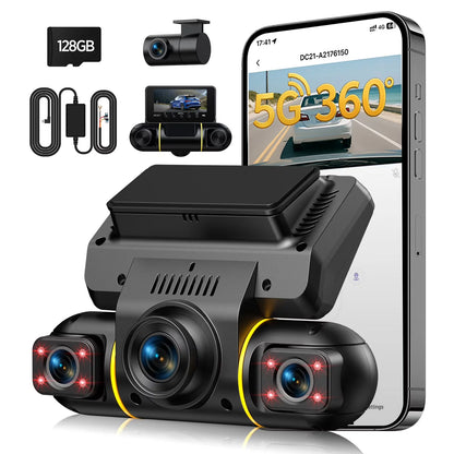 4 Channel Dash Cam Front and Rear inside with 24H Parking Monitor, 360 Degree View 5G Wifi Dash Camera, IR Night Vision Dashcam, G-Sensor, Free 128GB Card & Hardwire Kit