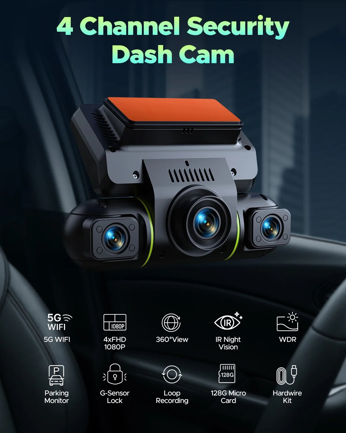4 Channel Dash Cam Front and Rear inside with 24H Parking Monitor, 360 Degree View 5G Wifi Dash Camera, IR Night Vision Dashcam, G-Sensor, Free 128GB Card & Hardwire Kit